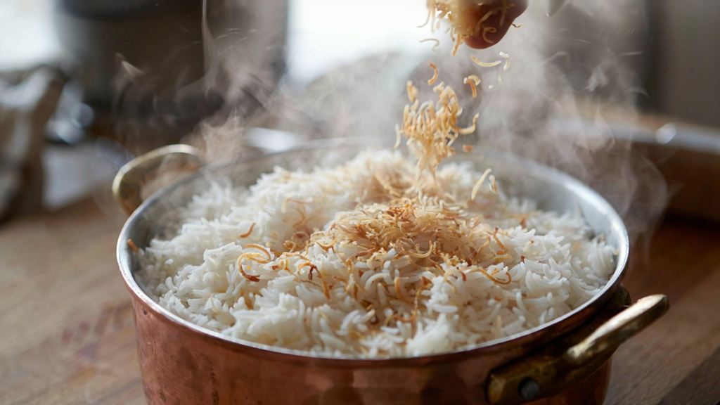 طرز تهیه رشته پلو مجلسی و شیک با دانه های کشیده برای ۶ نفر