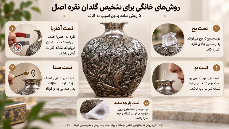 روش‌های خانگی برای تشخیص گلدان نقره اصل بدون آسیب به ظرف