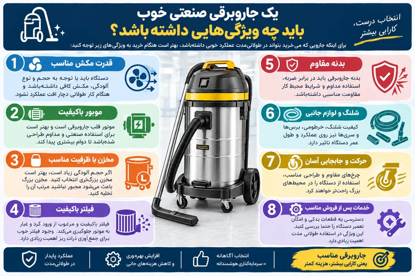 یک جاروبرقی صنعتی خوب باید چه ویژگیهایی داشته باشد؟