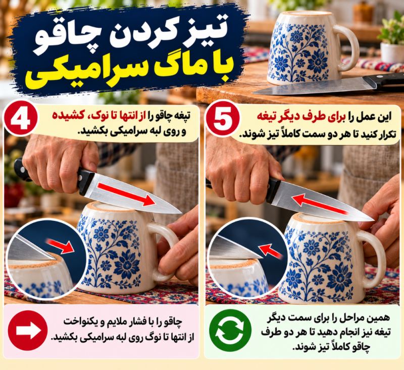 تیز کردن سریع چاقو در خانه با ماگ و لیوان سرامیکی