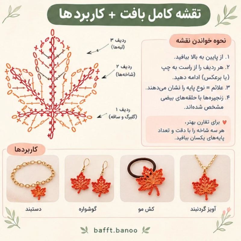 آموزش بافت برگ ظریف با قلاب؛ ساده و کاربردی مناسب دستبند و گوشواره ، آویز کیف و...