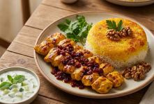طرز تهیه کباب تابه ای مرغ مجلسی با سس زرشک و گردو