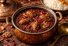طرز تهیه خورشت فسنجون با مرغ؛ فسنجان مجلسی خوش رنگ و روغن انداخته