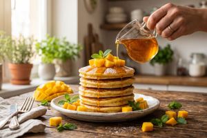 طرز تهیه پنکیک انبه تابستانی؛ آموزش بافت اسفنجی بدون نیاز به همزن