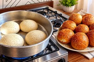 طرز تهیه نان همبرگر پنبه ای روی شعله گاز بدون فر