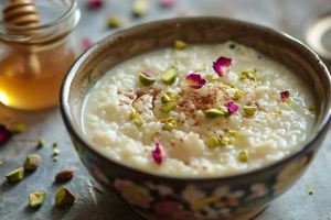 شیر برنج مجلسی با تزیین گل و شکر؛ دسر سنتی ایرانی با عطر دل انگیز گلاب