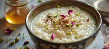 شیر برنج مجلسی با تزیین گل و شکر؛ دسر سنتی ایرانی با عطر دل انگیز گلاب