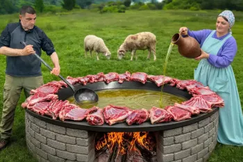 آشپزی یک پلو عظیم با گوشت بره برای جشنی در یک روستای کوهستانی!
