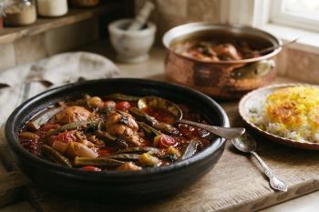 طرز تهیه خورشت بامیه با مرغ؛ دستور پخت مجلسی با فوت و فن جا افتادن خورش