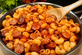 پاستای سریع و خوشمزه با سوسیس و سس گوجه فرنگی / غذای فوری و لذیذ